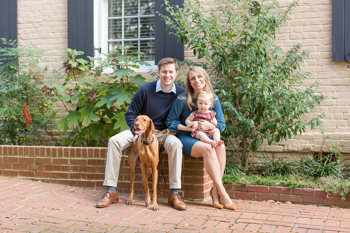 Outdoor Family Session of family of 3 with their dog at USC Horseshoe 