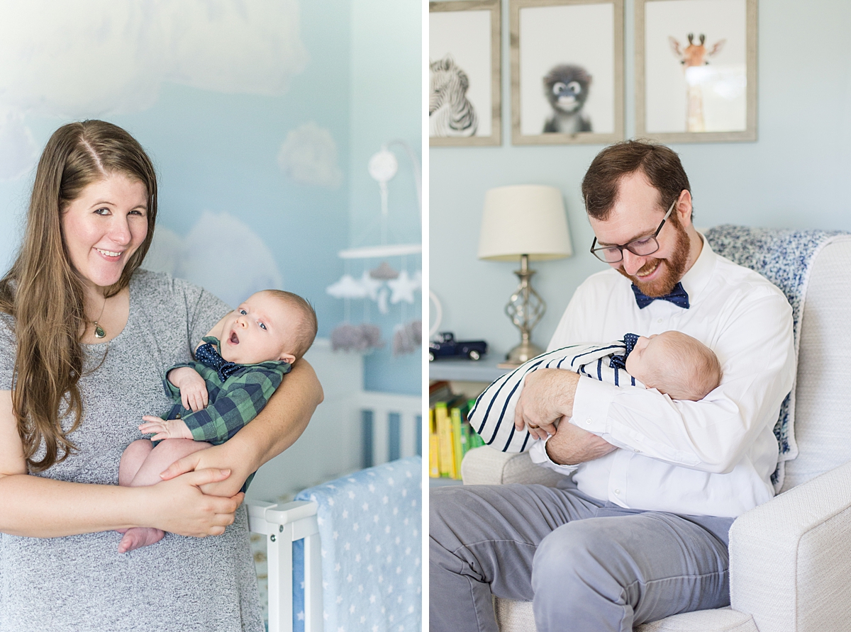 mom and dad hold sweet baby boy during newborn session in his nursery