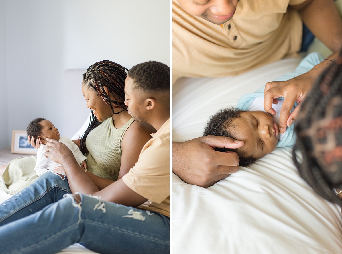family snuggles with baby boy during SC newborn session