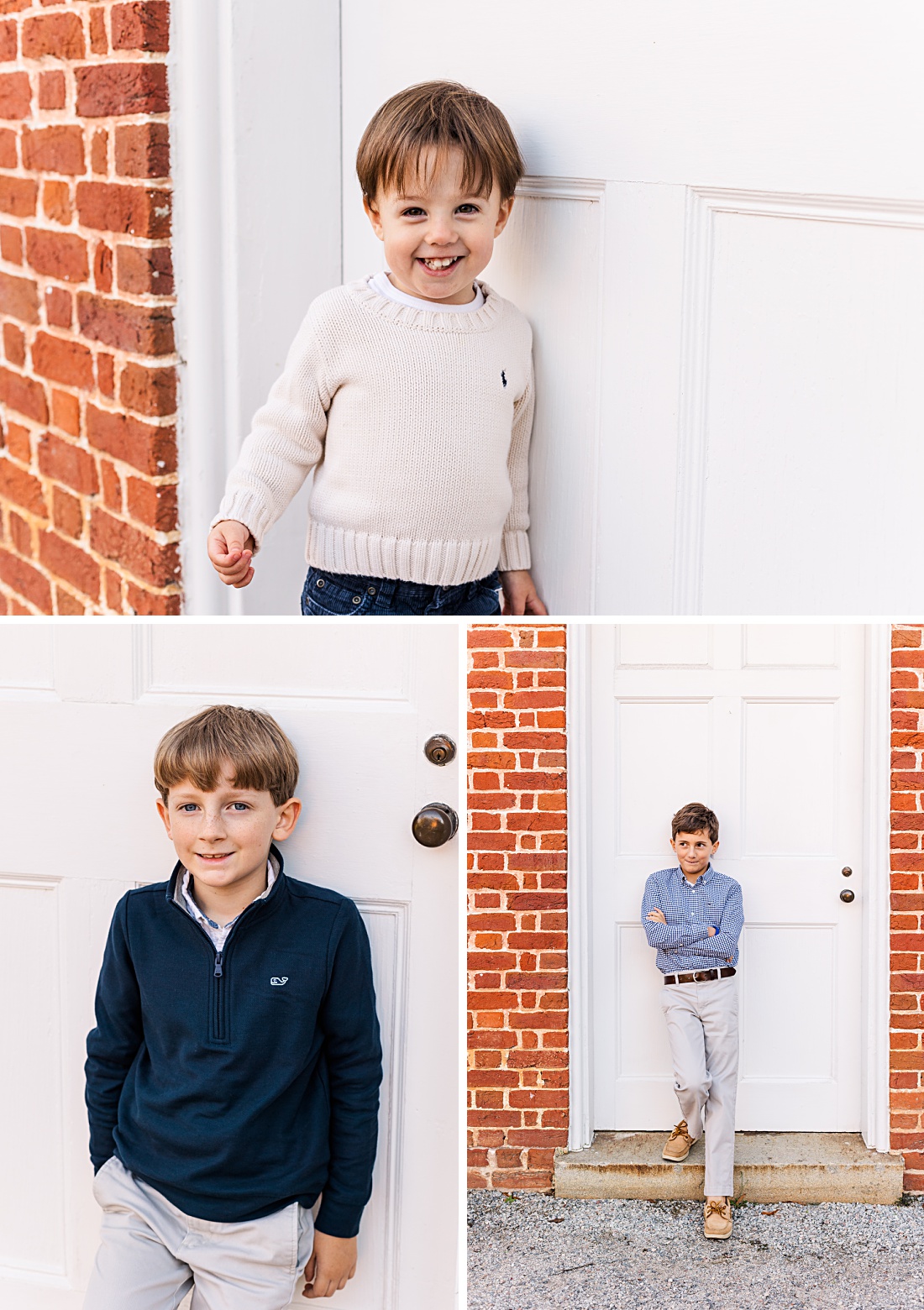 smiling brothers leaning against a white door during family mini session in Columbia SC, captured by Nicole Watford Photography
