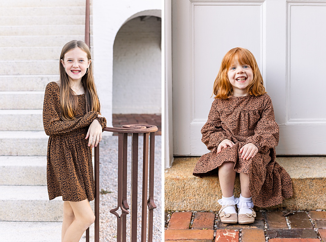 sisters in matching cheetah print dresses during their fall family mini session with Nicole Watford Photography in Columbia, SC