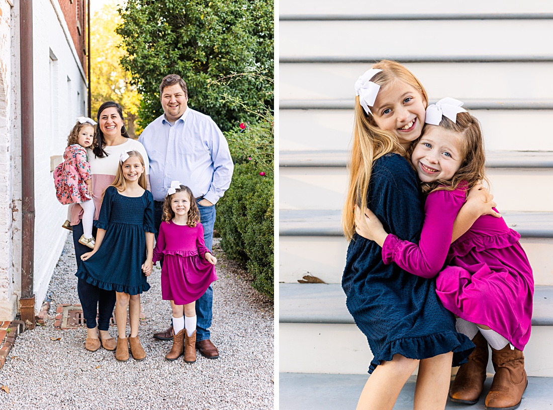 smiling family of five dressed in pink and blue during fall mini session event with Nicole Watford Photography in Columbia, SC