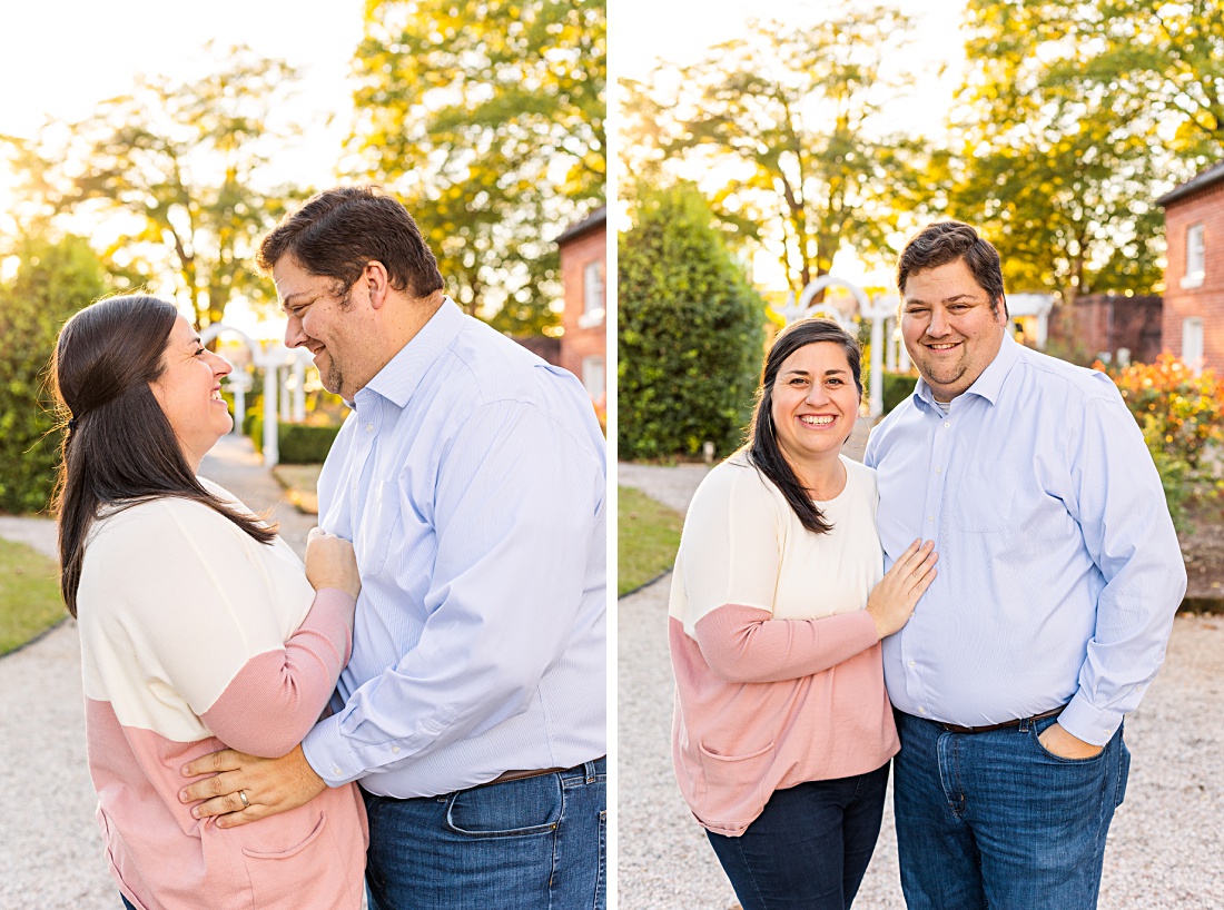 parent couple snuggling and smiling during their family mini session at Robert Mills House & Gardens in Columbia SC, captured by Nicole Watford
