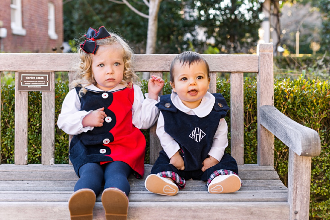 coordinating brother and sister dressed in navy and red during family mini session with Nicole Watford Photography in Columbia, SC