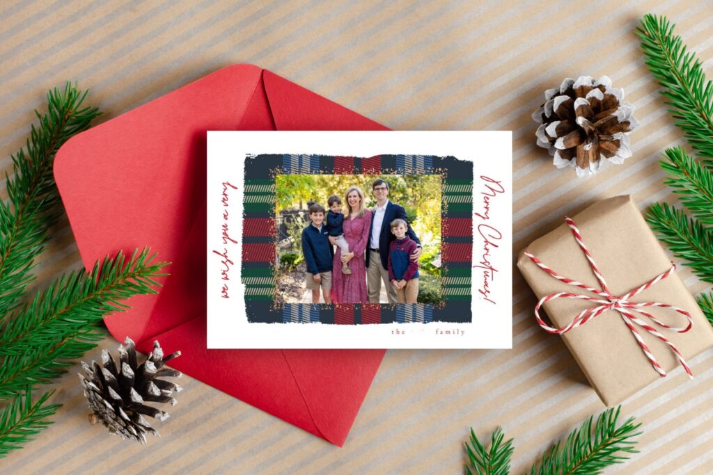 Holiday card on a red envelope from a holiday card mini session in Columbia, SC