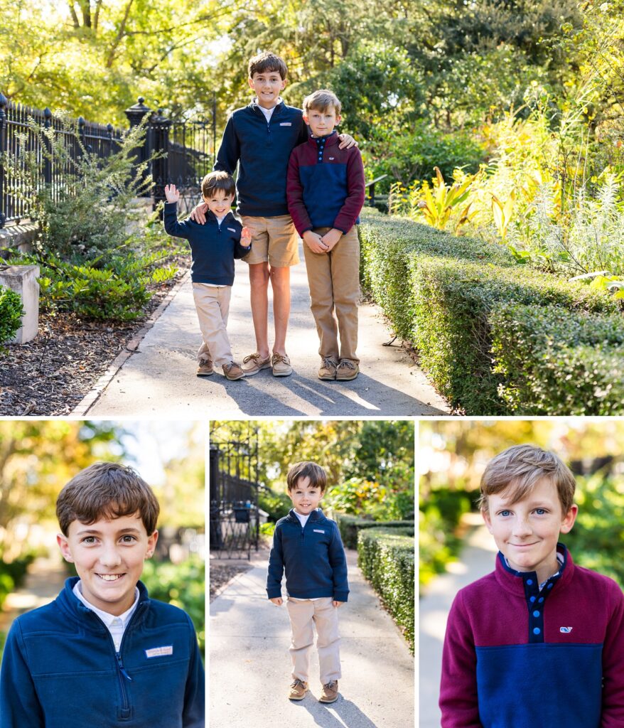 4-image collage of 3 brothers taken at their mini session at Hampton-Preston Mansion and Gardens in Columbia, SC