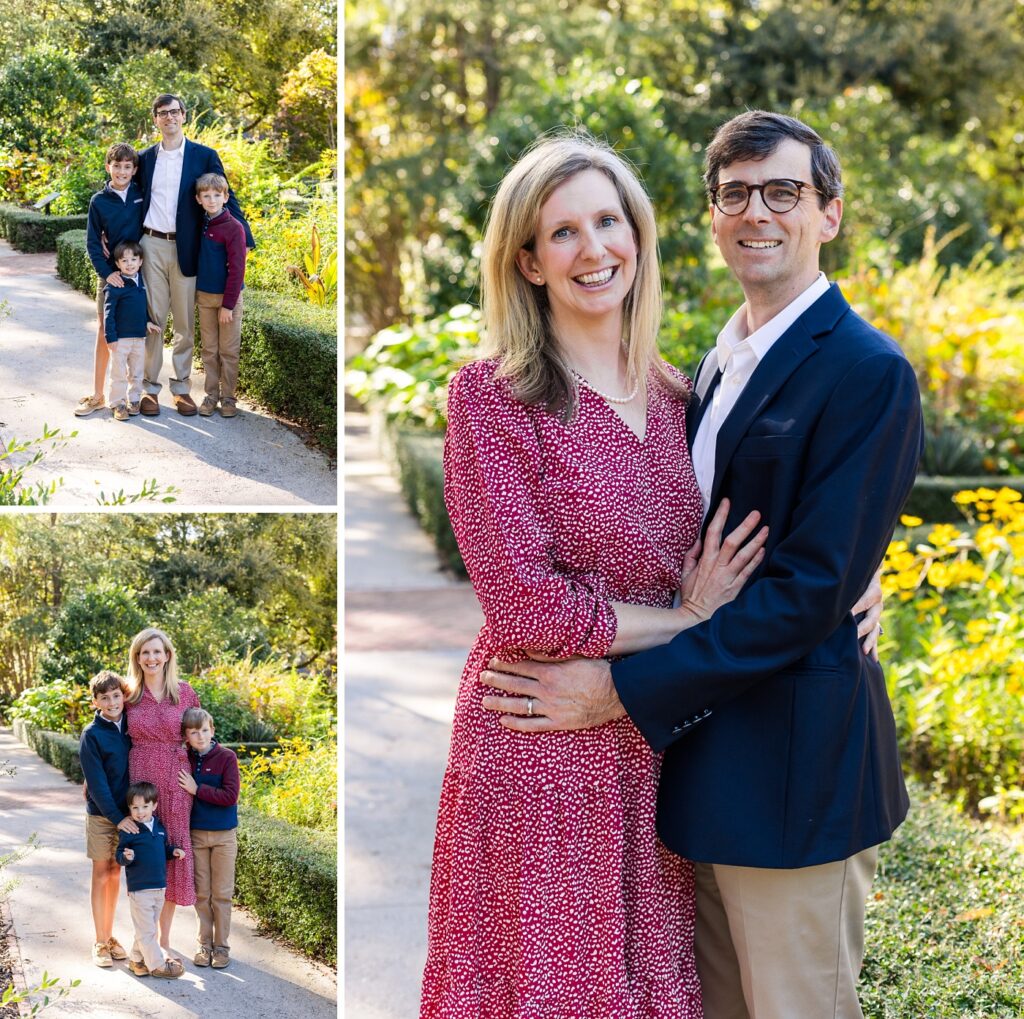 Collage of 3 images of a family dressed in blue and red during their mini session at Hampton-Preston Mansion in Columbia, SC