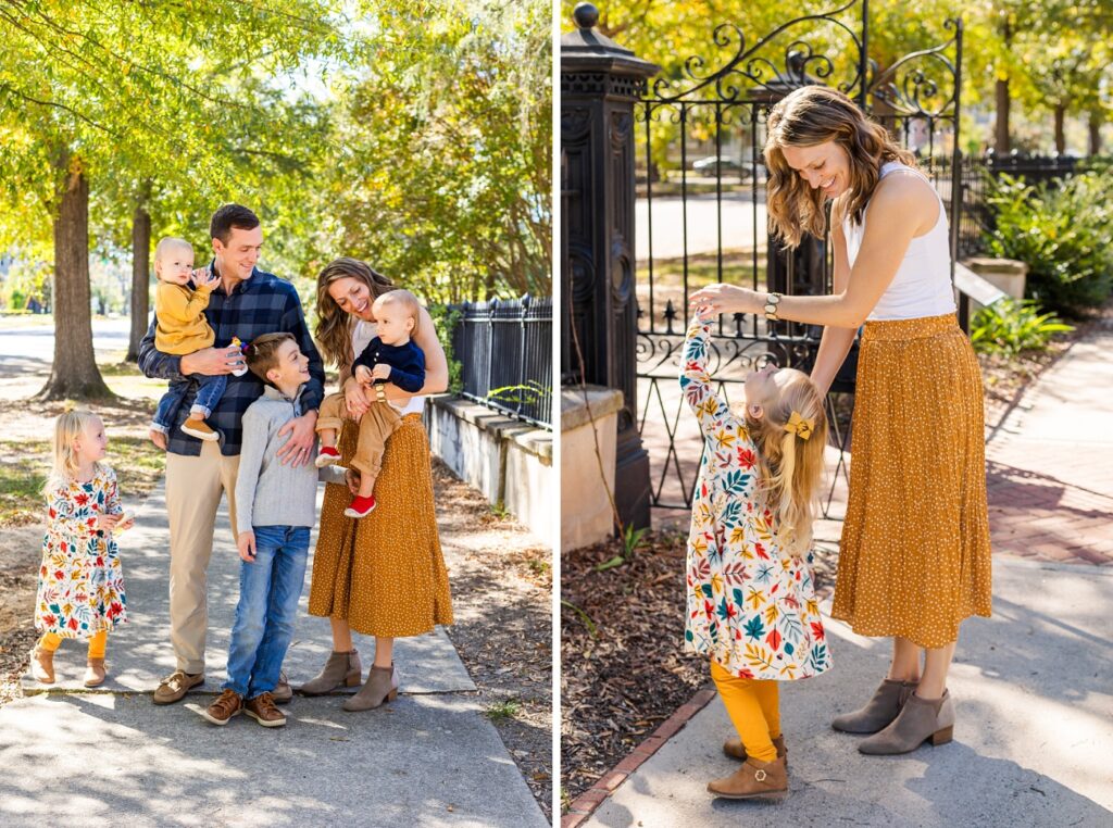 Two candid images a family in the gardens of the Hampton Preston Mansion during their Columbia SC mini session 