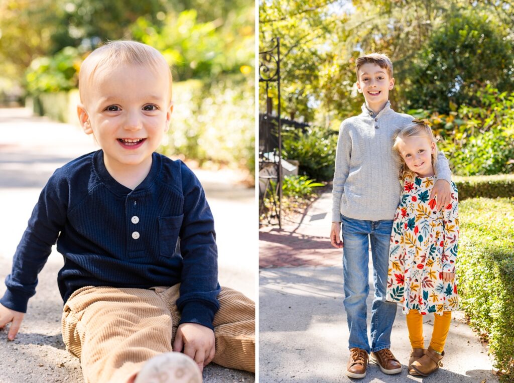 Images of a baby and a brother and sister taken in the gardens of the Hampton Preston Mansion during their Columbia SC fall mini session 