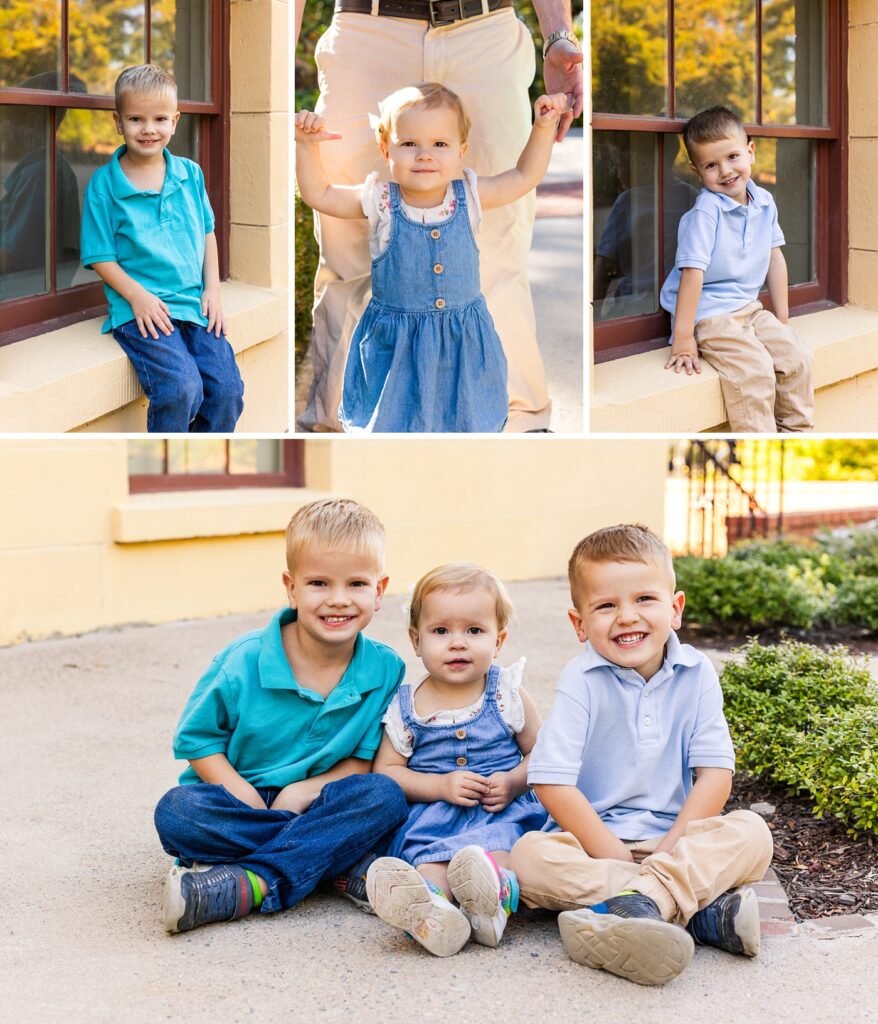 Images of three young siblings together and individually outside the Hampton Preston Mansion during their mini session in Columbia SC