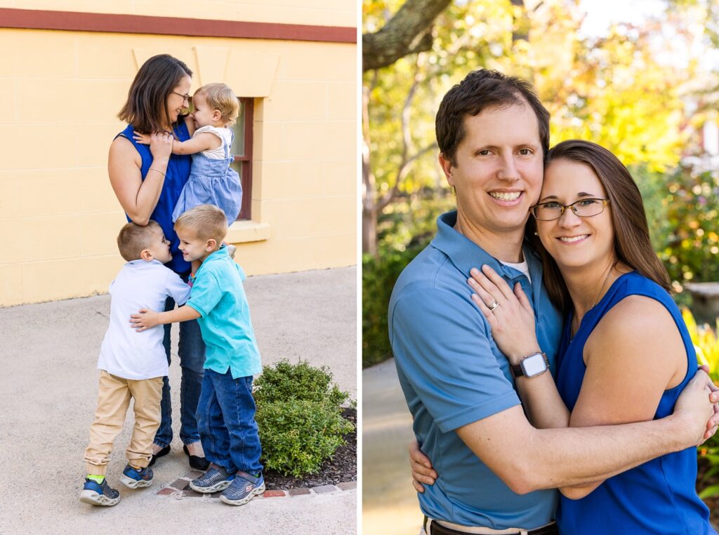 Images of a family with young children on the grounds of the Hampton Preston Mansion during their mini session in Columbia SC