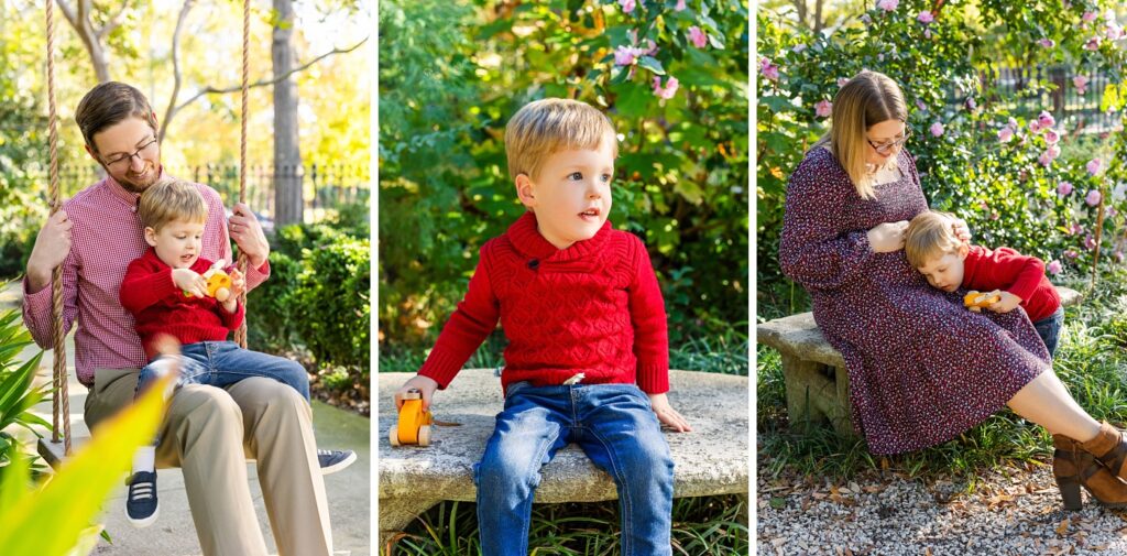 Three images of expectant family with toddler boy in the gardens of the Hampton-Preston Mansion during their mini session in Columbia, SC