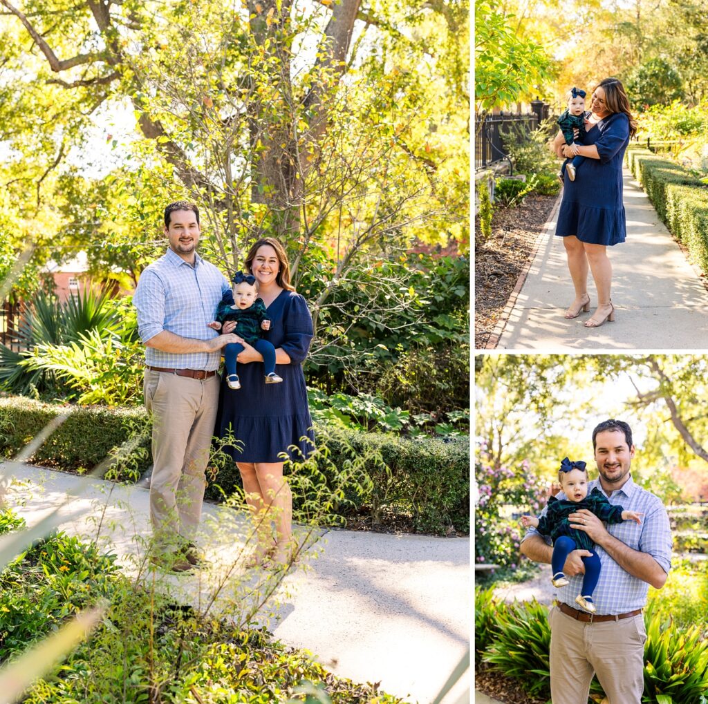 Family with baby girl in the gardens of the Hampton Preston Mansion in Columbia, SC during their fall family mini session