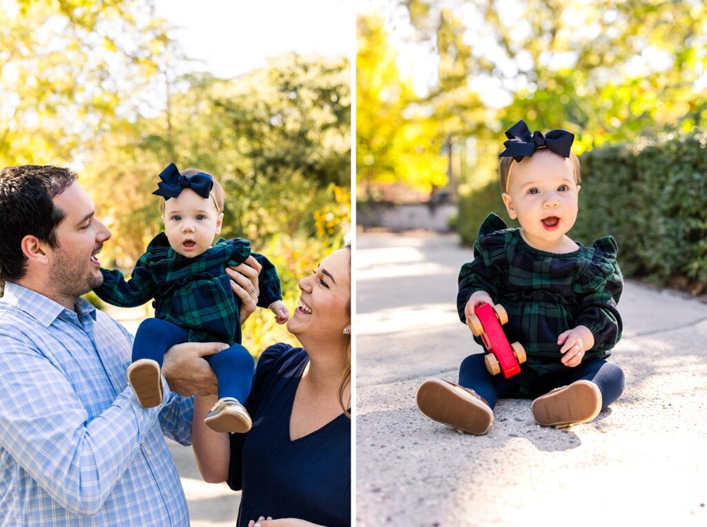 Baby girl dressed in green and navy plaid romper in the gardens of the Hampton Preston Mansion in Columbia, SC during a fall family mini session with Nicole Watford