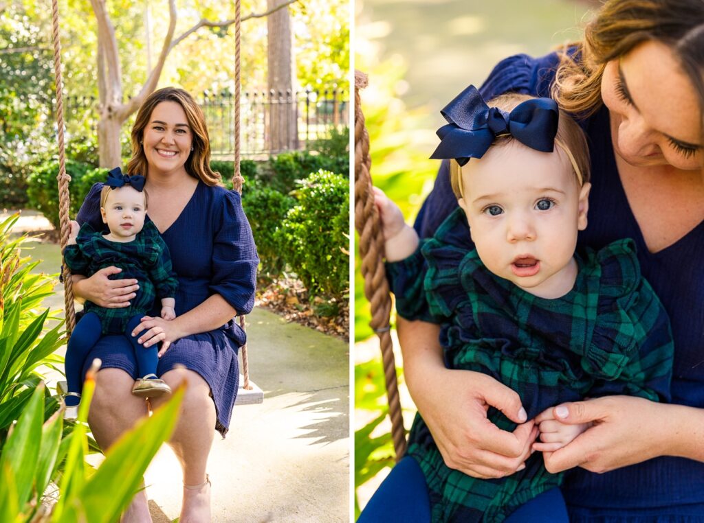 Mommy and daughter photos taken on the garden swing at the Hampton Preston Mansion in Columbia, SC during their fall family mini session