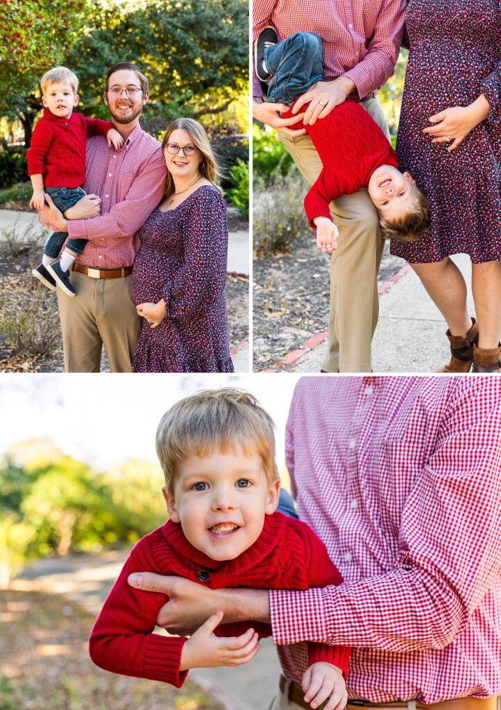 Expectant family with toddler boy in the gardens of the Hampton-Preston Mansion during their mini session in Columbia, SC